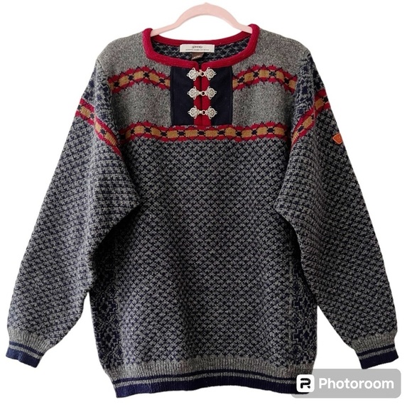 Sondre Norwegian Wool Pewter Clasp Birdseye Patterned Nordic Winter Ski Sweater - Picture 1 of 13